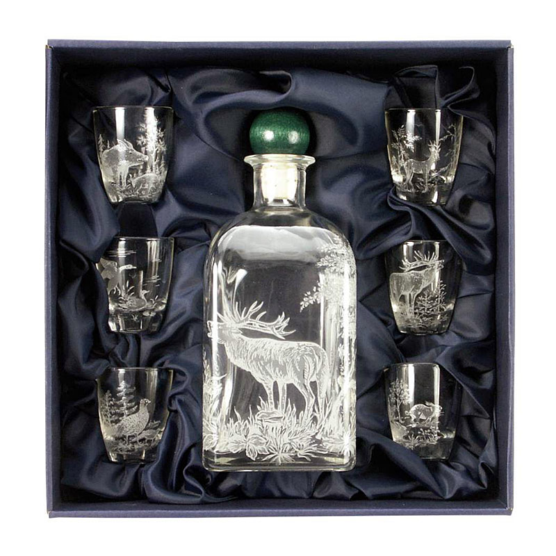 Schnapsgläser + Flasche mit Jagdmotiven | Oldenburger Jagdcenter